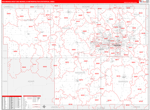 Des Moines-West Des Moines Metro Area Wall Map Red Line Style